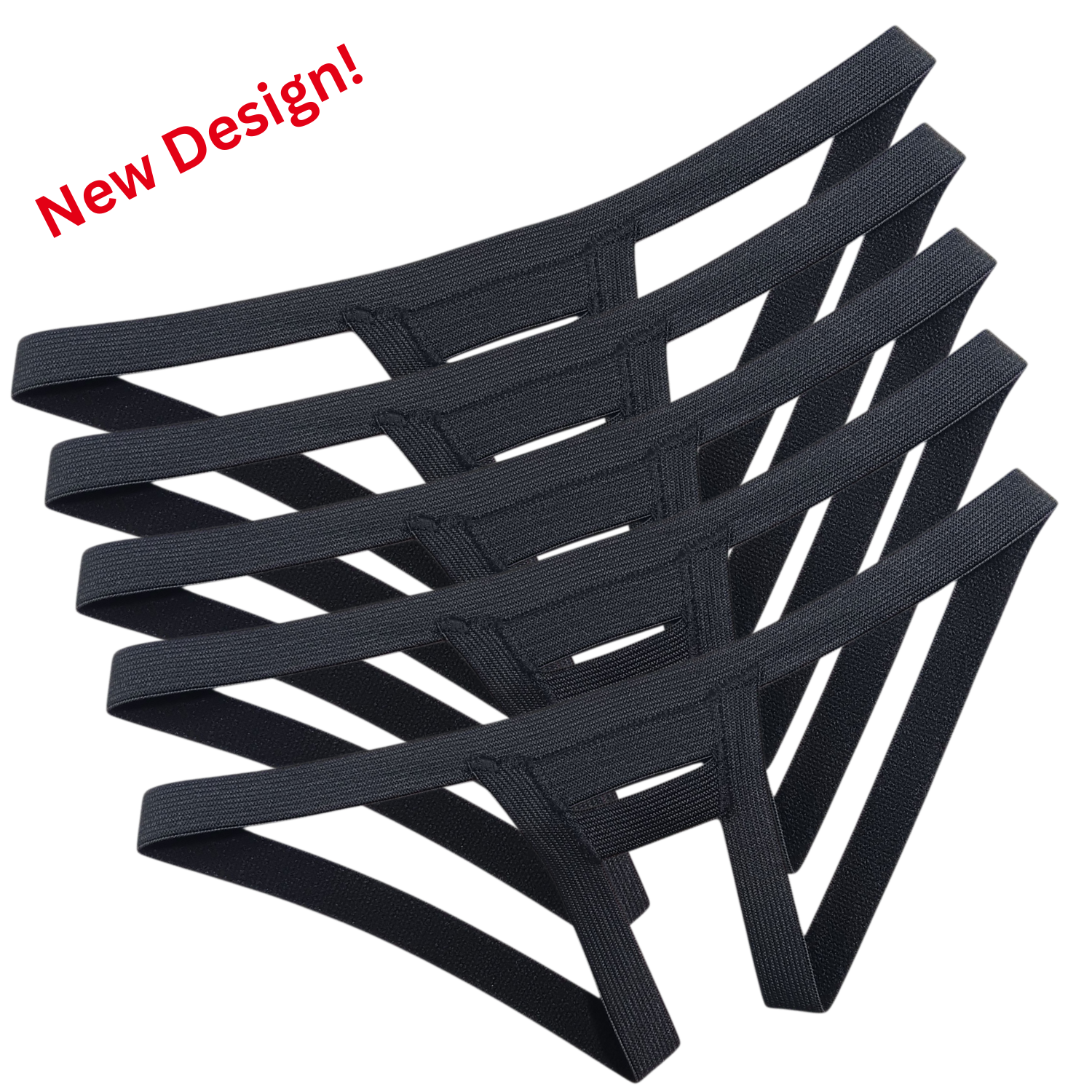 Image of 5 black 3/4 inch elastic fitted Sling Shot Harnesses. For the value 5 pack.